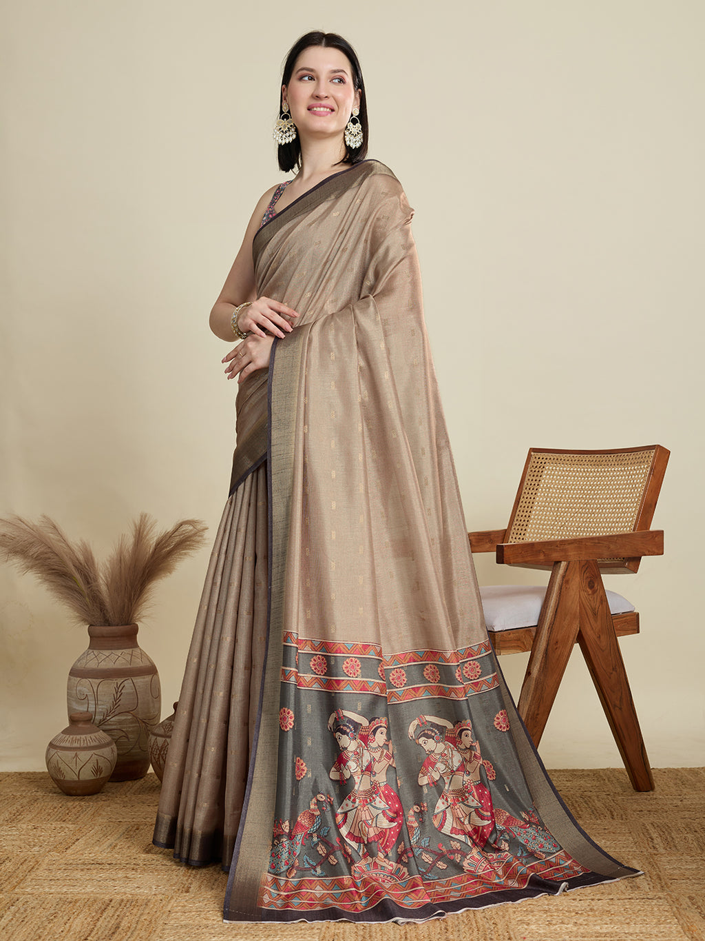 Soft, Breathable & Celebration-Ready: Semi Cotton Brown Sarees with Butti & Jacquard Elegance