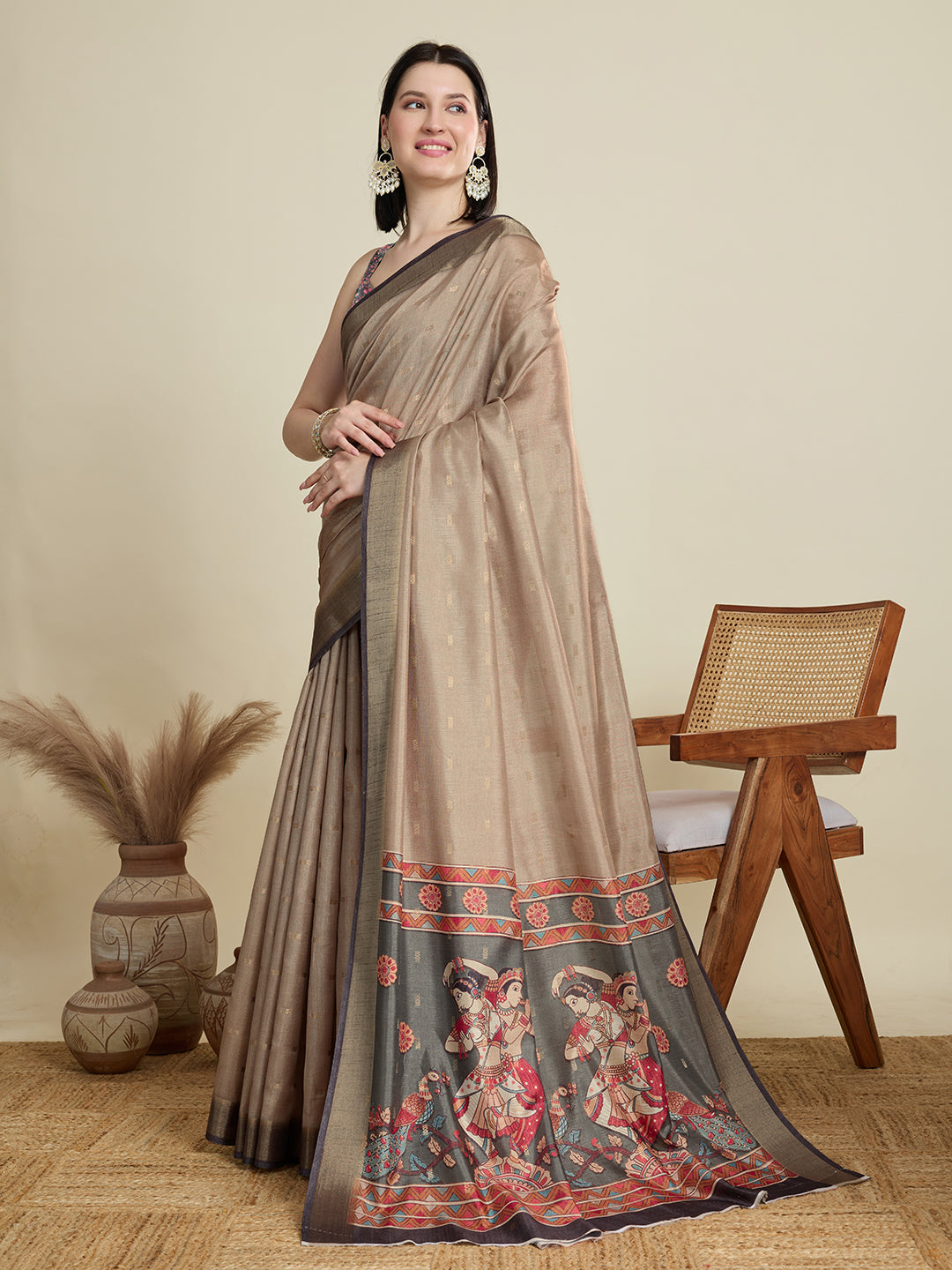 Soft, Breathable & Celebration-Ready: Semi Cotton Brown Sarees with Butti & Jacquard Elegance