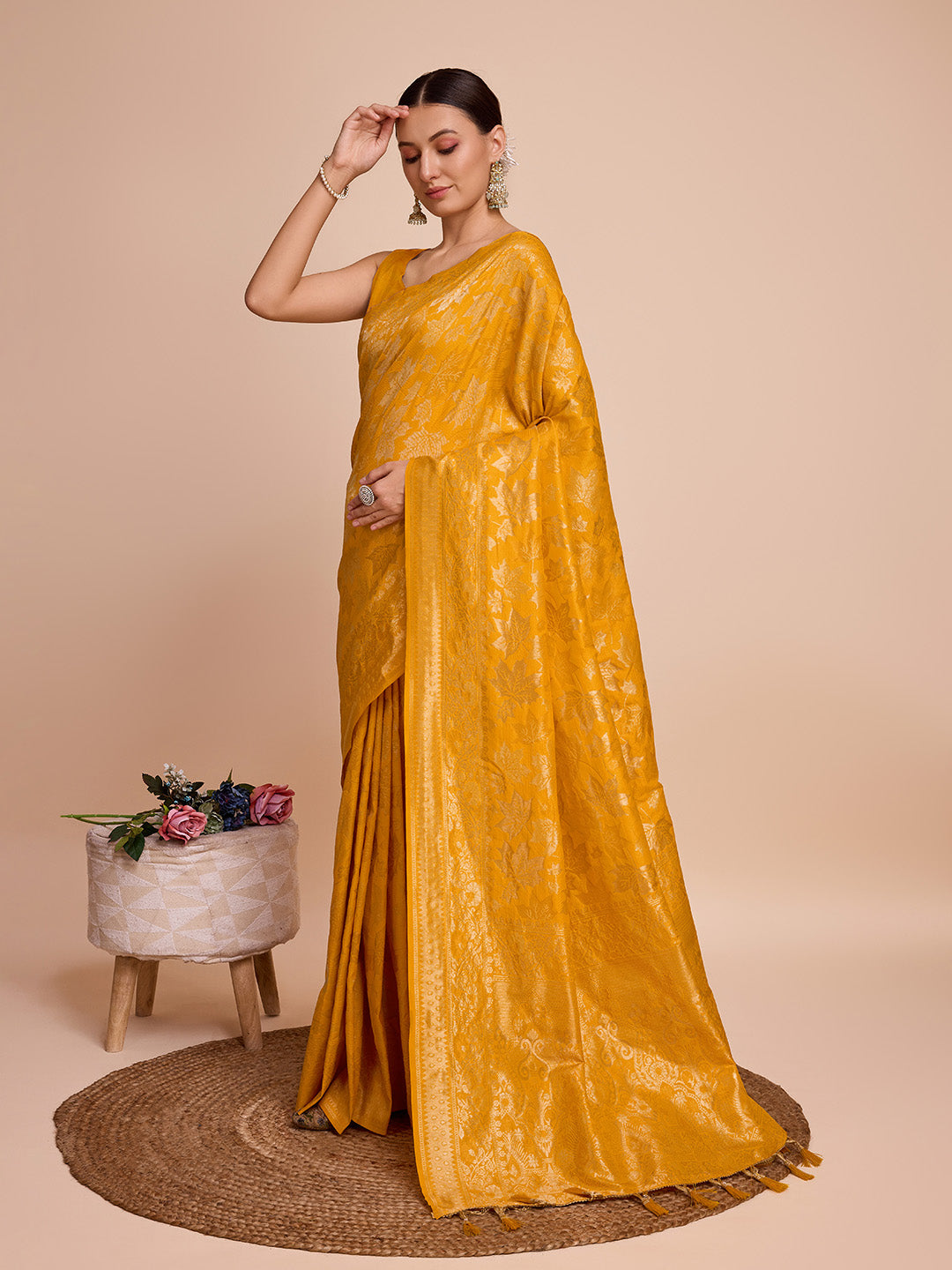 Yellow Pure Silk Saree with Double Zari Weaving & Soft Zari Border
