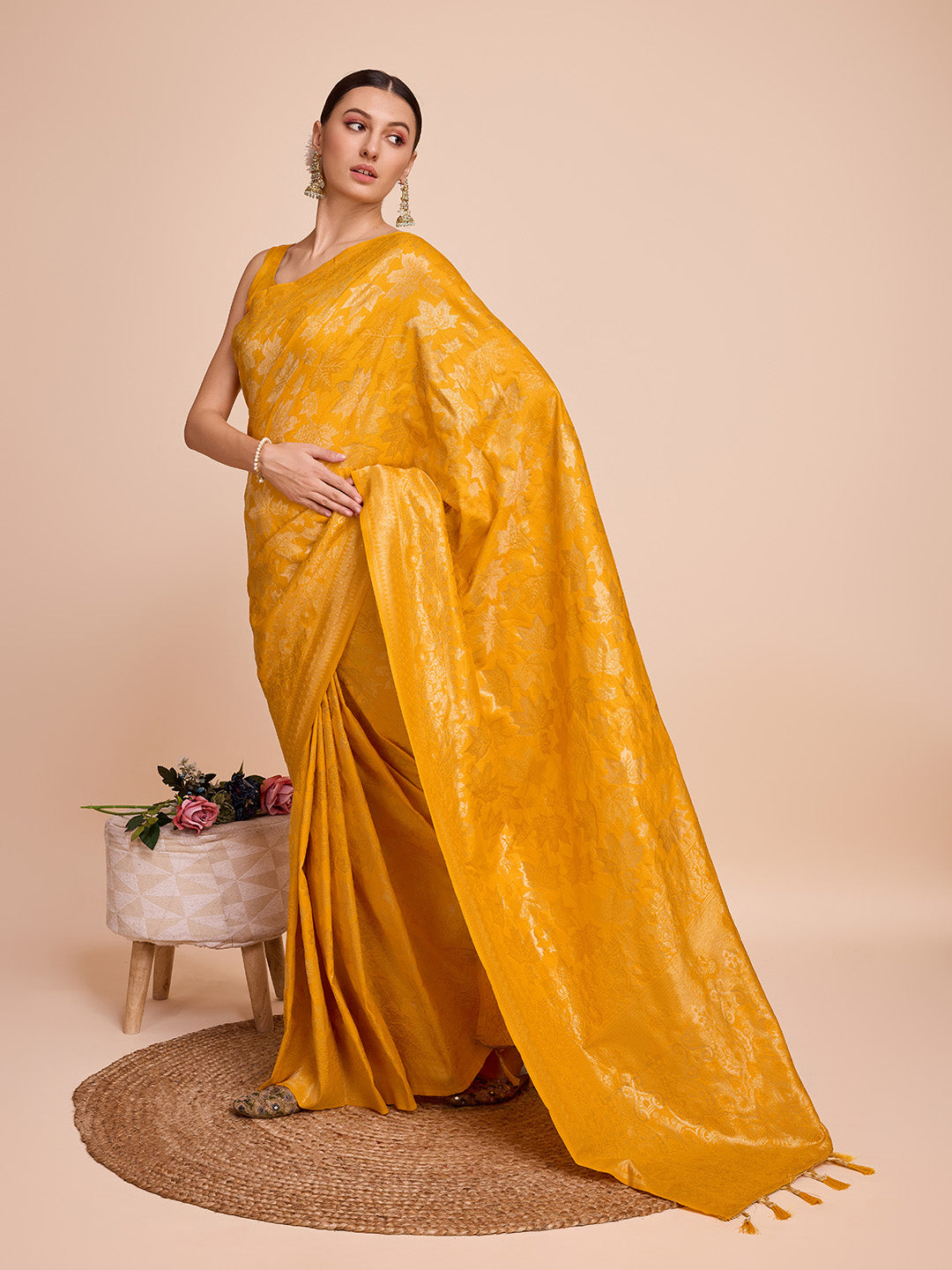 Yellow Pure Silk Saree with Double Zari Weaving & Soft Zari Border
