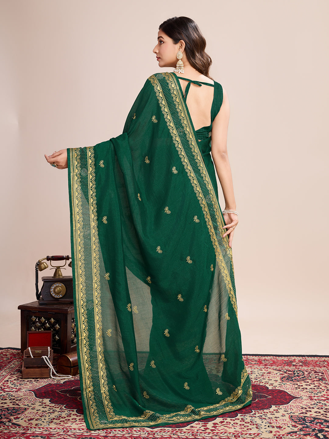Soft Vichitra Silk Green  Saree with Intricate Multicolor Floral Work & Coordinated Embroidered