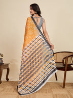 Women's Mustard Colour Linen Saree with Jari Border and Blouse – Printed All Over Design