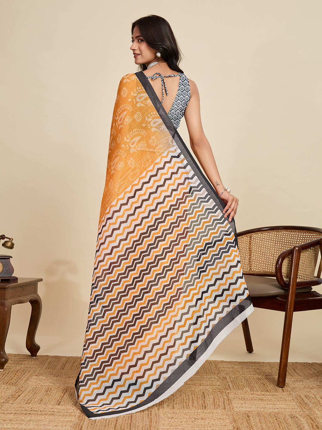 Women's Mustard Colour Linen Saree with Jari Border and Blouse – Printed All Over Design
