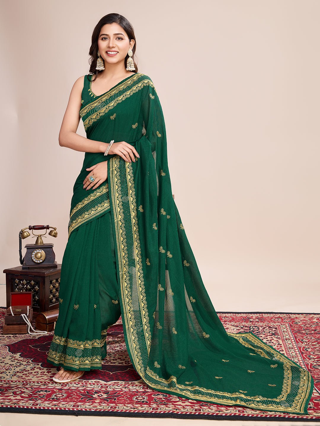 Soft Vichitra Silk Green  Saree with Intricate Multicolor Floral Work & Coordinated Embroidered