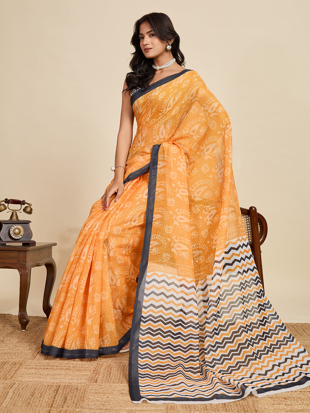 Women's Mustard Colour Linen Saree with Jari Border and Blouse – Printed All Over Design