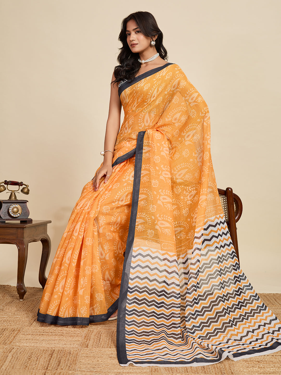 Women's Mustard Colour Linen Saree with Jari Border and Blouse – Printed All Over Design