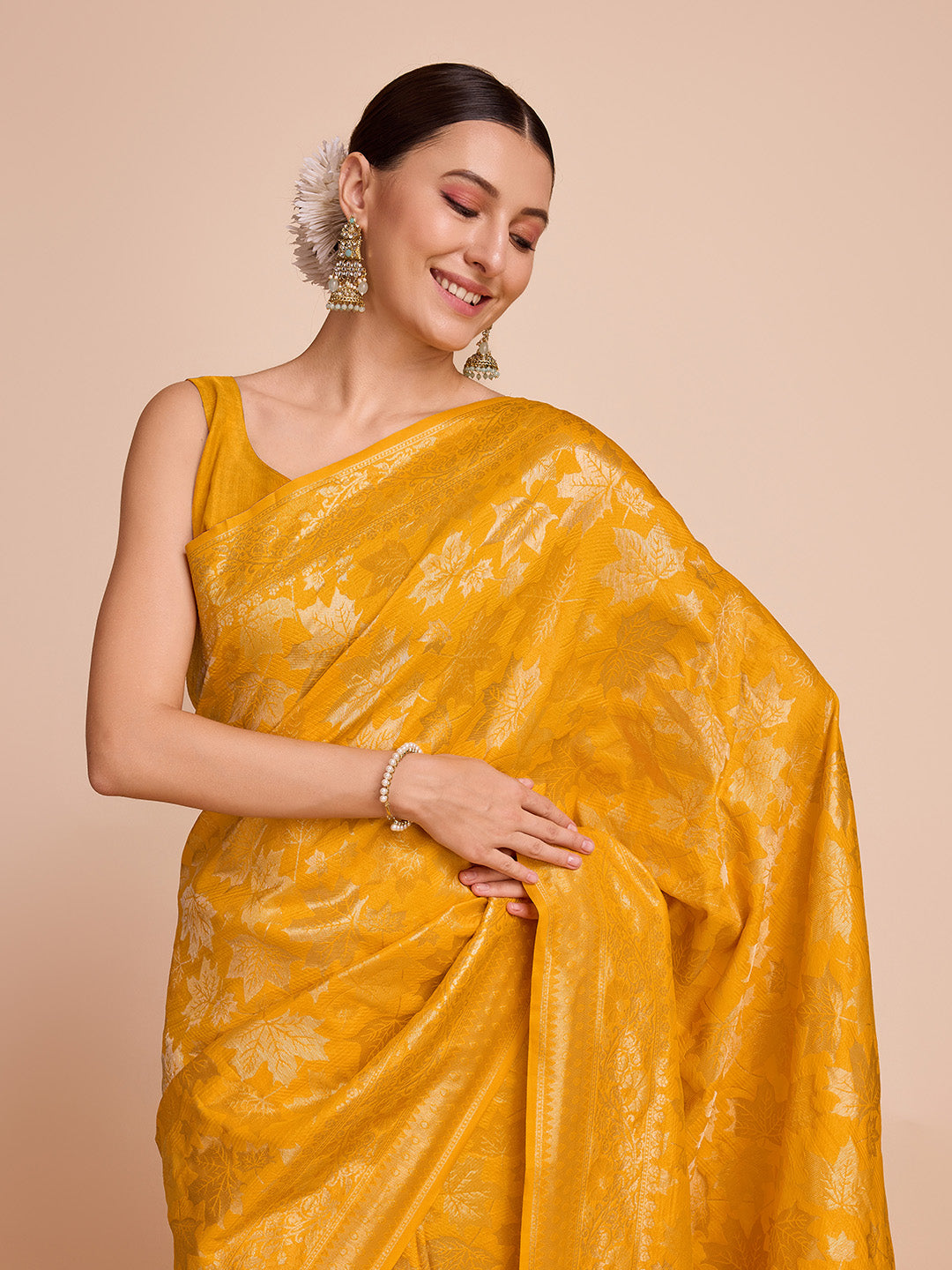 Yellow Pure Silk Saree with Double Zari Weaving & Soft Zari Border