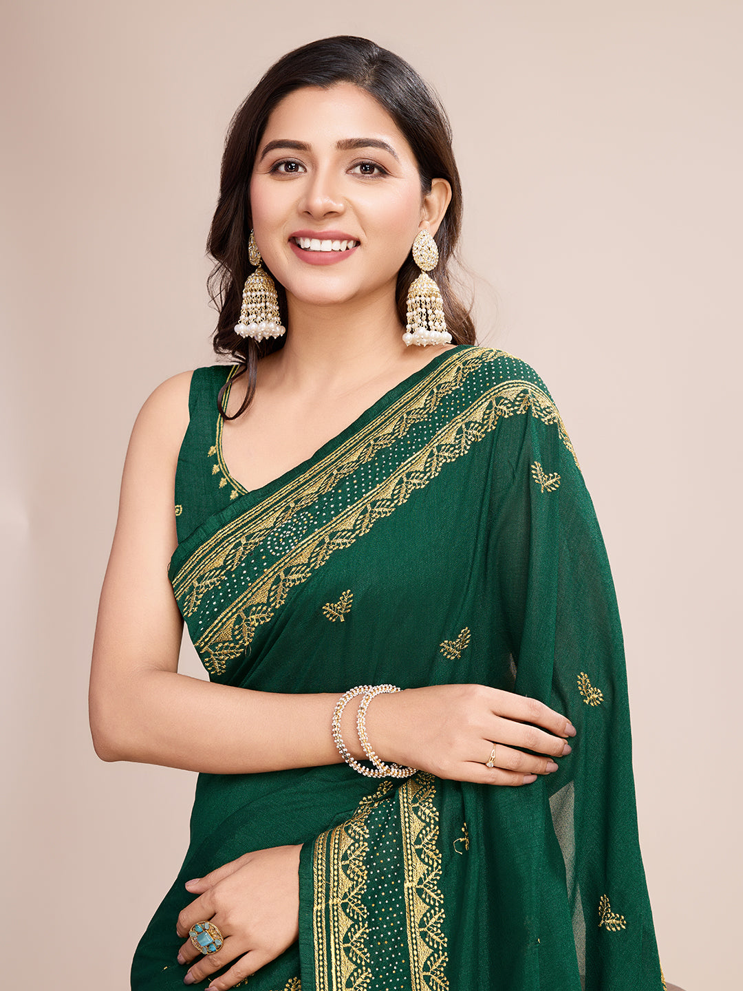 Soft Vichitra Silk Green  Saree with Intricate Multicolor Floral Work & Coordinated Embroidered