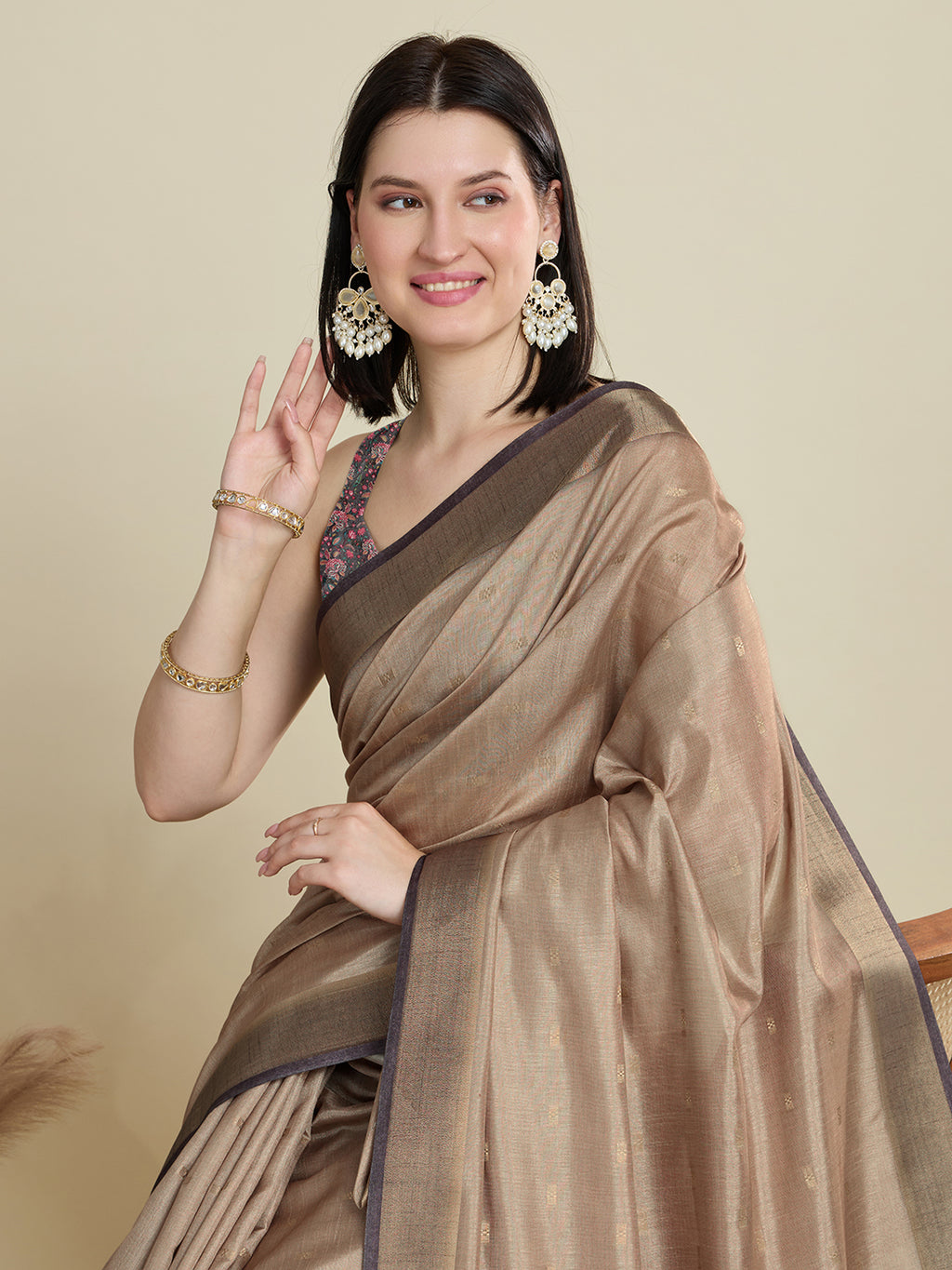 Soft, Breathable & Celebration-Ready: Semi Cotton Brown Sarees with Butti & Jacquard Elegance