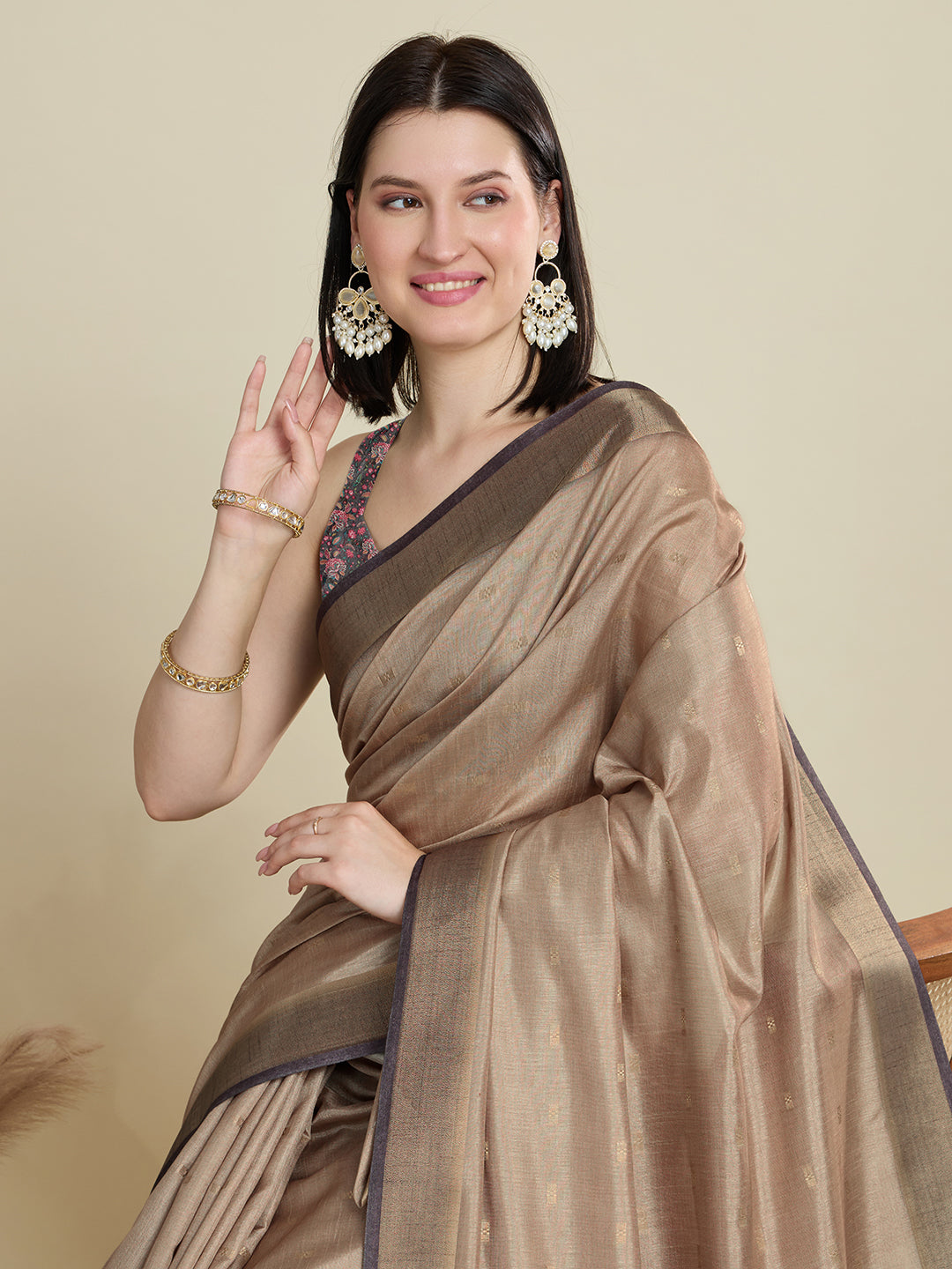 Soft, Breathable & Celebration-Ready: Semi Cotton Brown Sarees with Butti & Jacquard Elegance