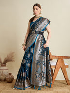 Soft Satin Silk Tourquise Blue Saree with Rich Zari Motifs, Contrast Border & Elegant Blouse