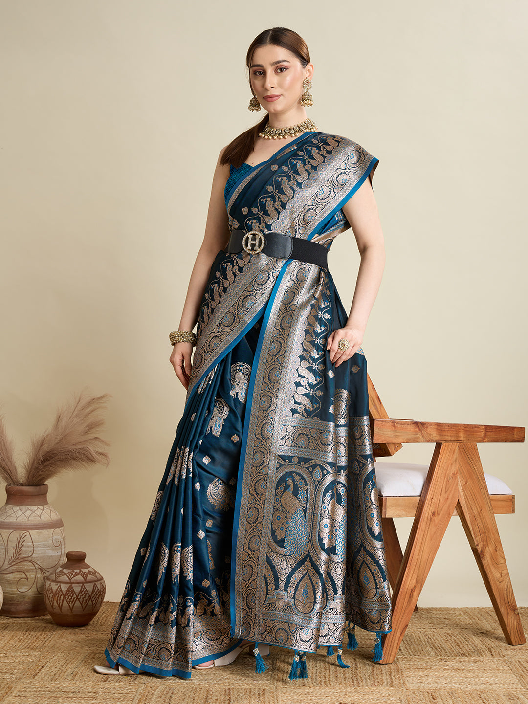 Soft Satin Silk Tourquise Blue Saree with Rich Zari Motifs, Contrast Border & Elegant Blouse