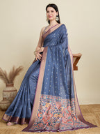 Soft, Breathable & Celebration-Ready: Semi Cotton Blue Sarees with Butti & Jacquard Elegance
