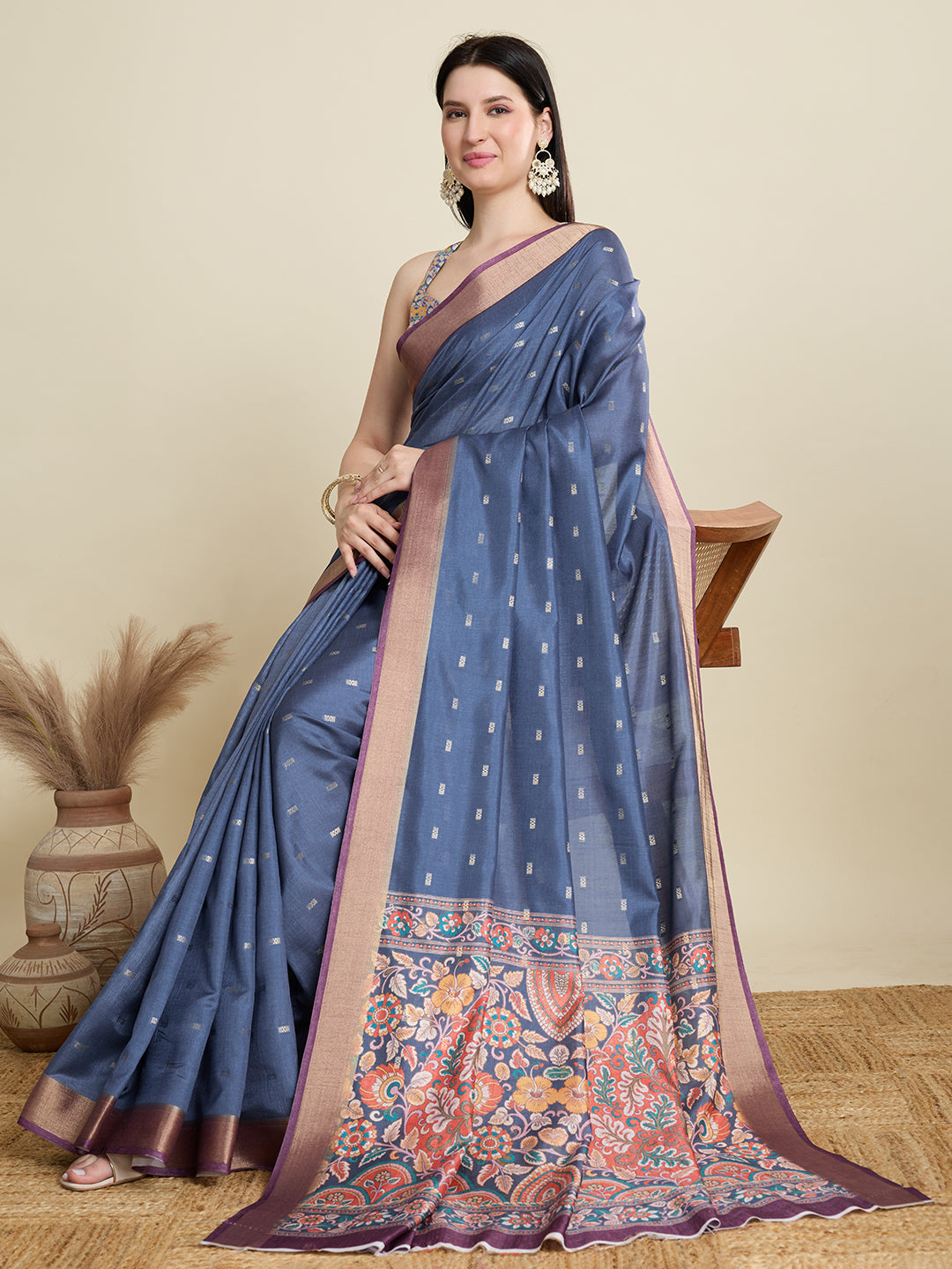 Soft, Breathable & Celebration-Ready: Semi Cotton Blue Sarees with Butti & Jacquard Elegance