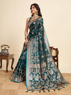 Premium Teal Two-Tone Satin Soft Silk Saree with All Over Zari Work & Contrast Woven Border