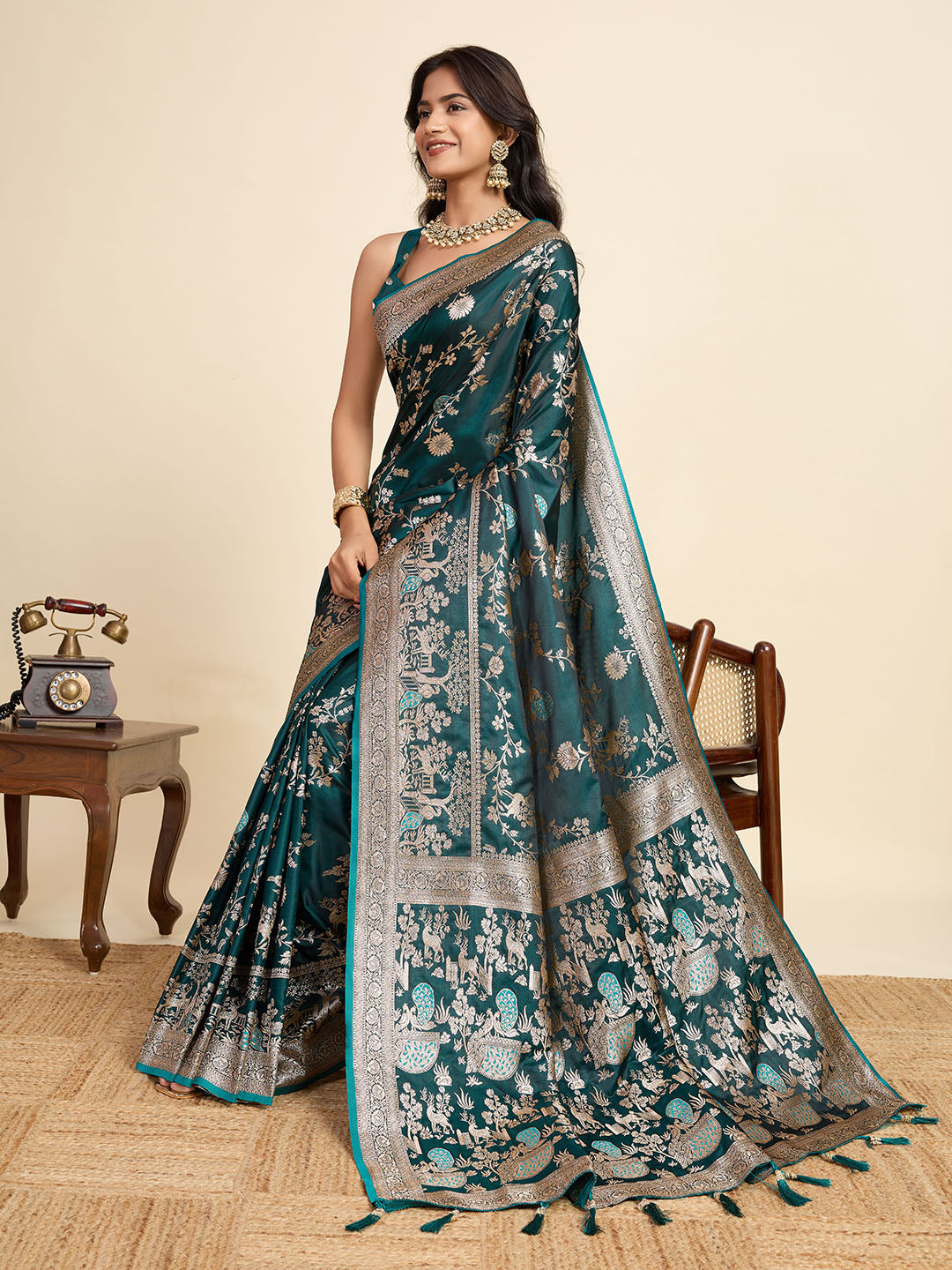 Premium Teal Two-Tone Satin Soft Silk Saree with All Over Zari Work & Contrast Woven Border