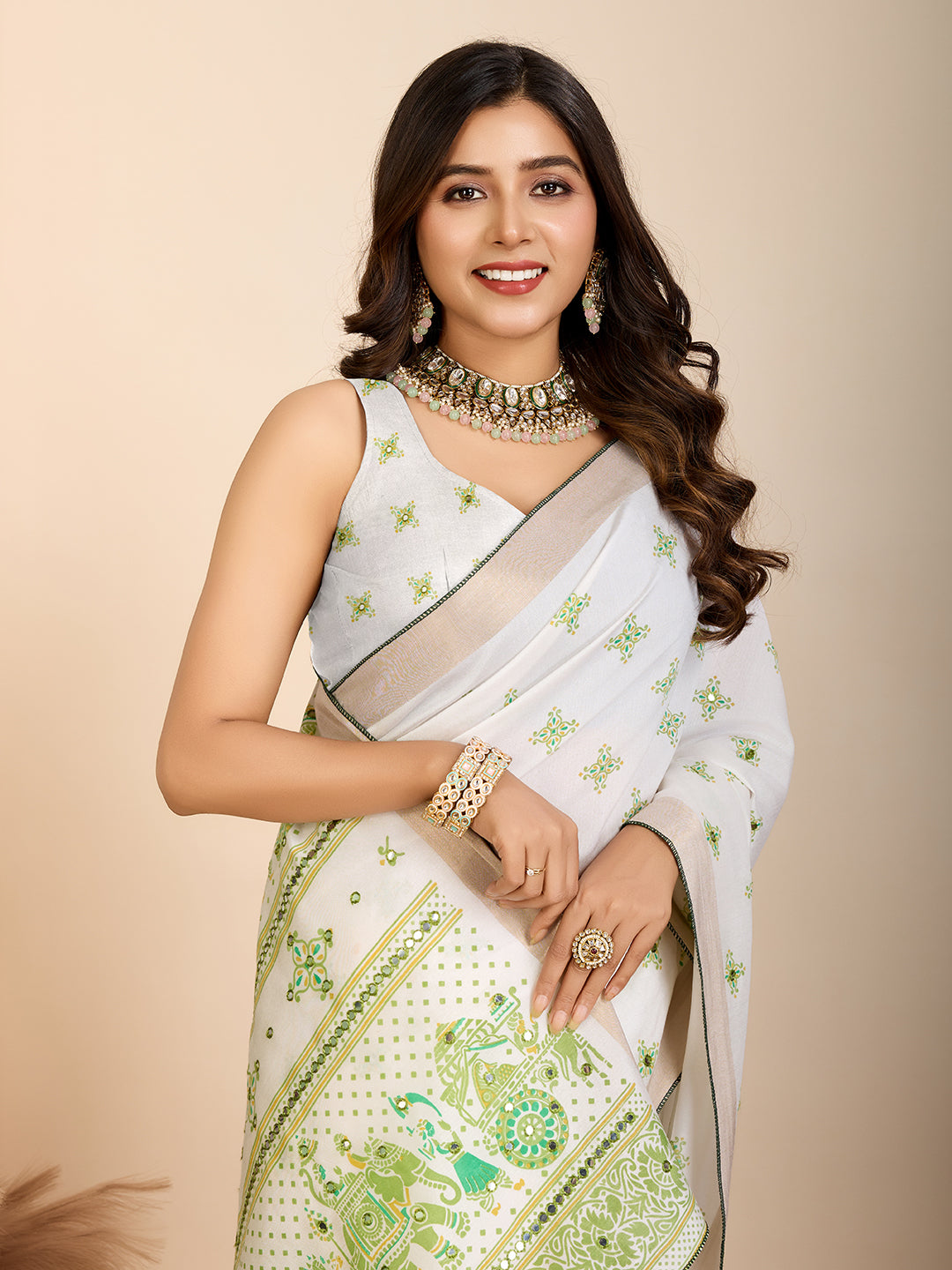 Pista Semi-Cotton Saree with Zari Border – Soft, Traditional & Elegant