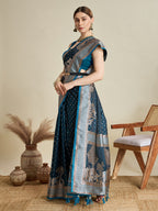 Soft Satin Silk Blue Saree with Rich Zari Motifs, Contrast Border & Elegant Blouse