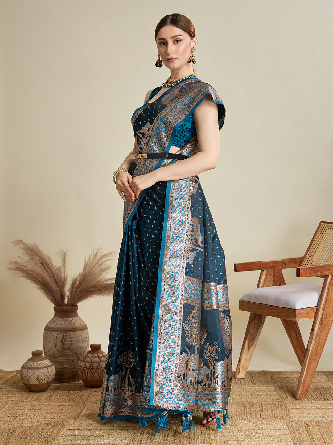 Soft Satin Silk Blue Saree with Rich Zari Motifs, Contrast Border & Elegant Blouse