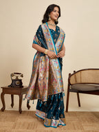 Blue Soft Silk Saree in Premium Two-Tone Satin with Paithani Design, Rich Zari Pallu & Contrast Mina Border