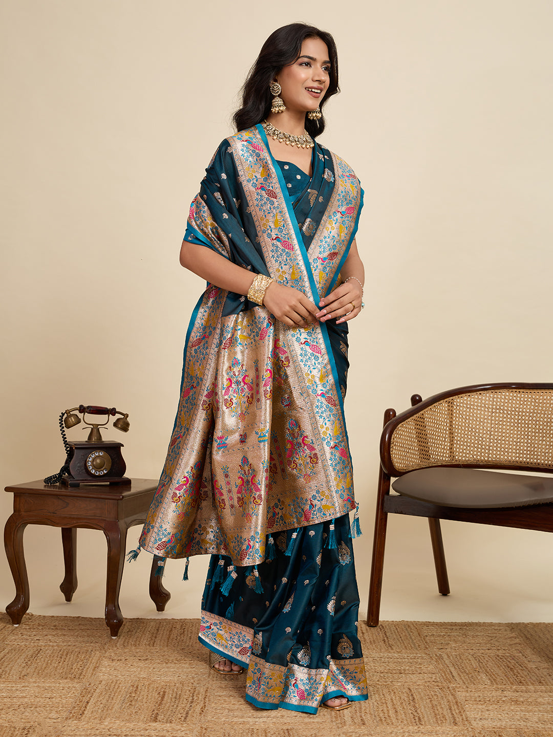 Blue Soft Silk Saree in Premium Two-Tone Satin with Paithani Design, Rich Zari Pallu & Contrast Mina Border