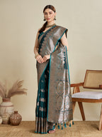Soft Satin Silk Green Saree with Rich Zari Motifs, Contrast Border & Elegant Blouse
