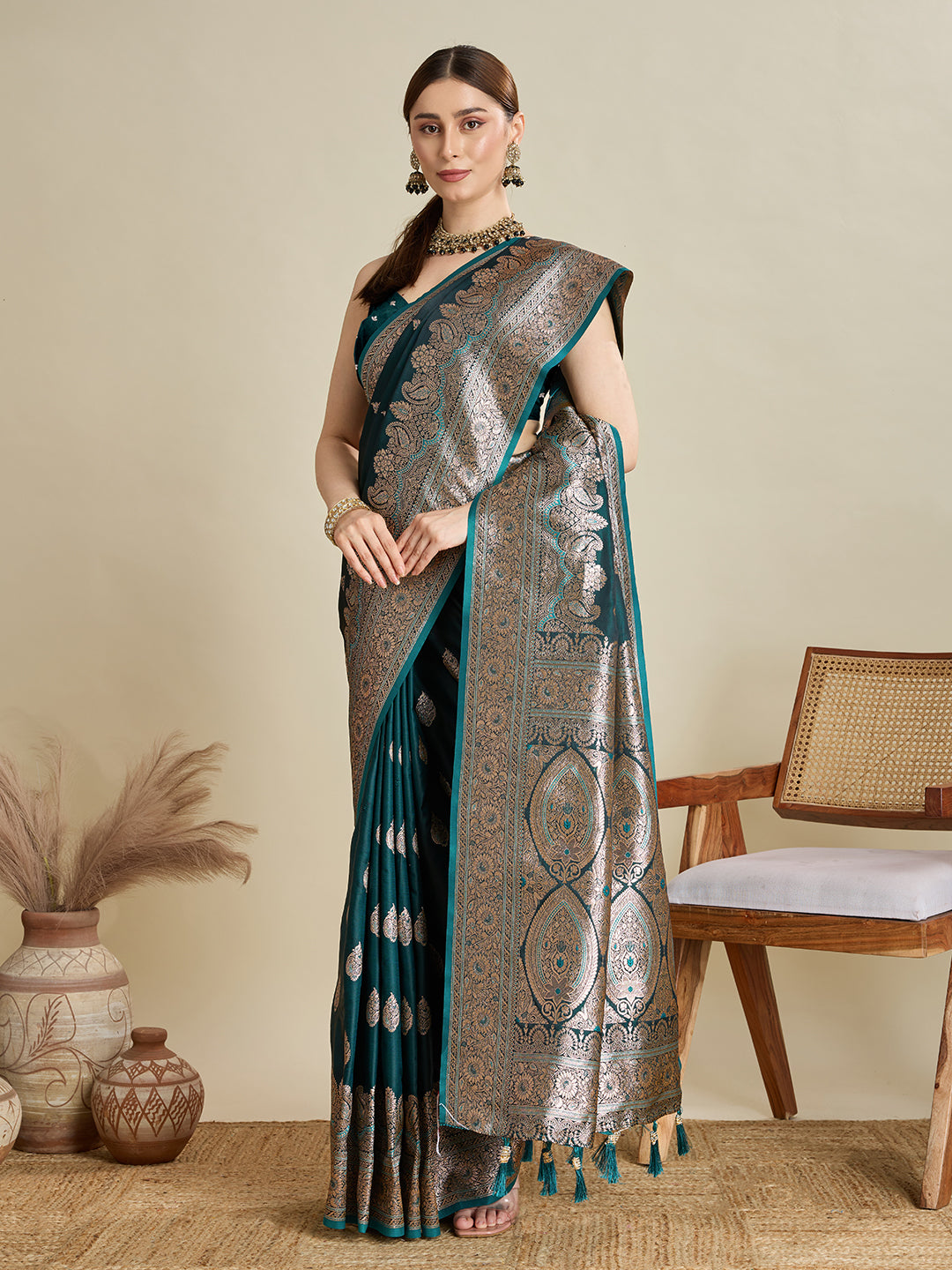 Soft Satin Silk Green Saree with Rich Zari Motifs, Contrast Border & Elegant Blouse