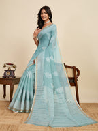 Women's Teal Color Linen Saree with Jari Border and Blouse – Printed All Over Designer