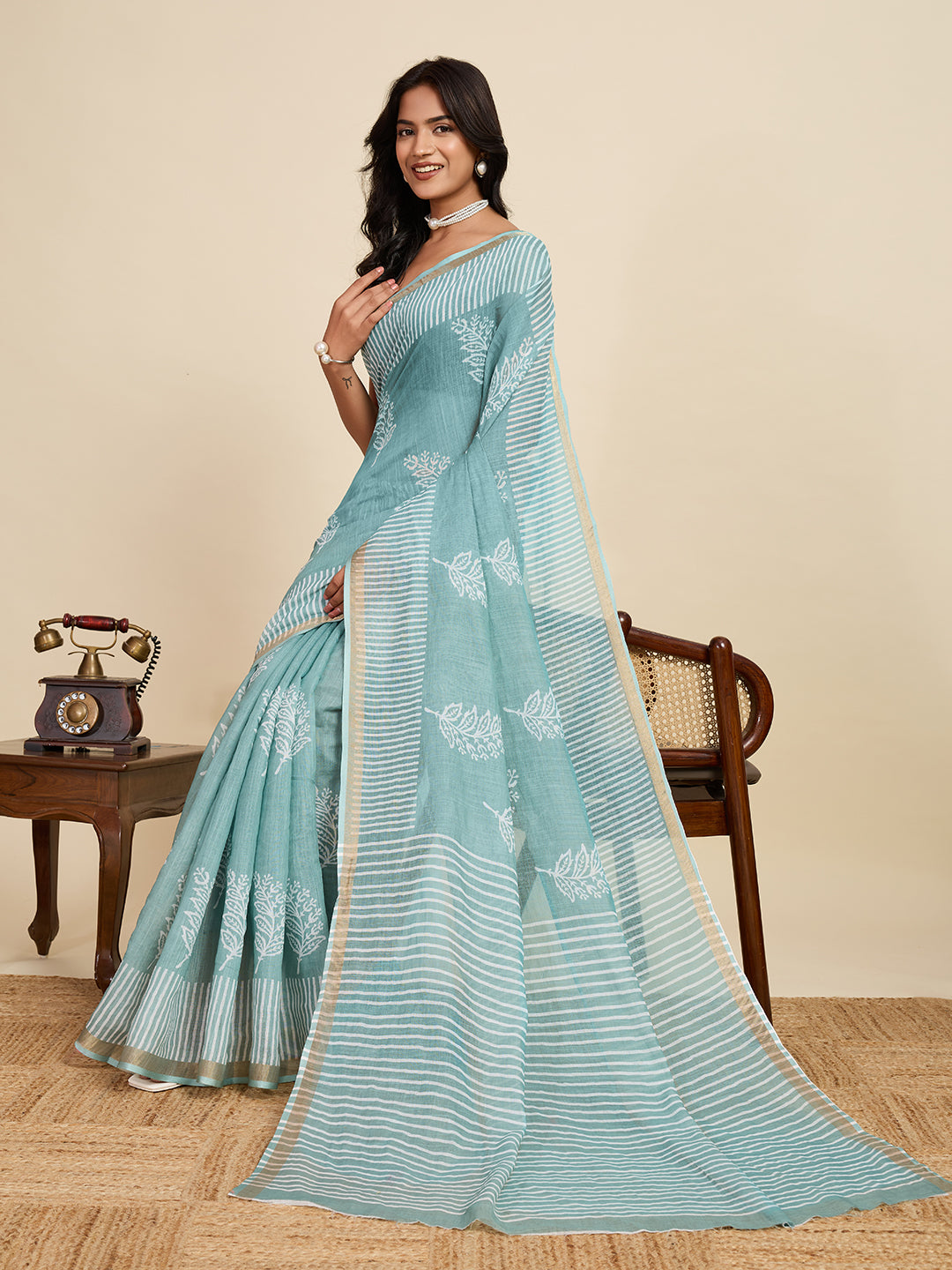 Women's Teal Color Linen Saree with Jari Border and Blouse – Printed All Over Designer