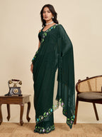 Green Georgette Soft Silk Saree with Floral Brush Print & Intricate Border – Elegant Pastel Saree for Festive & Daily Wear