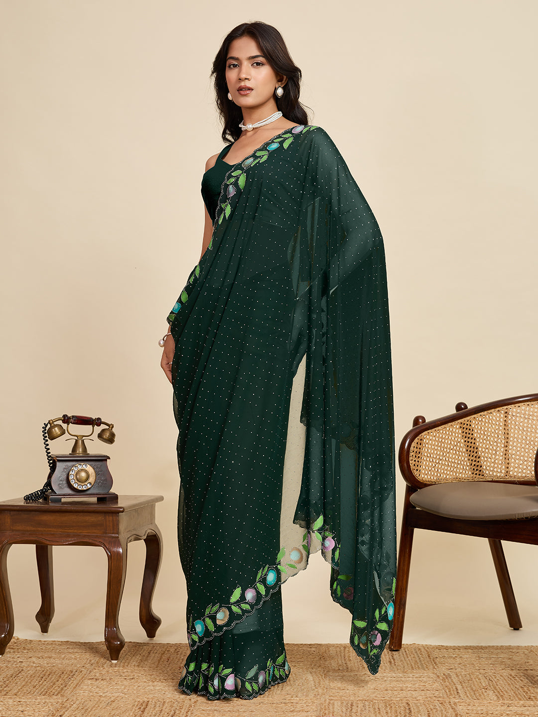 Green Georgette Soft Silk Saree with Floral Brush Print & Intricate Border – Elegant Pastel Saree for Festive & Daily Wear