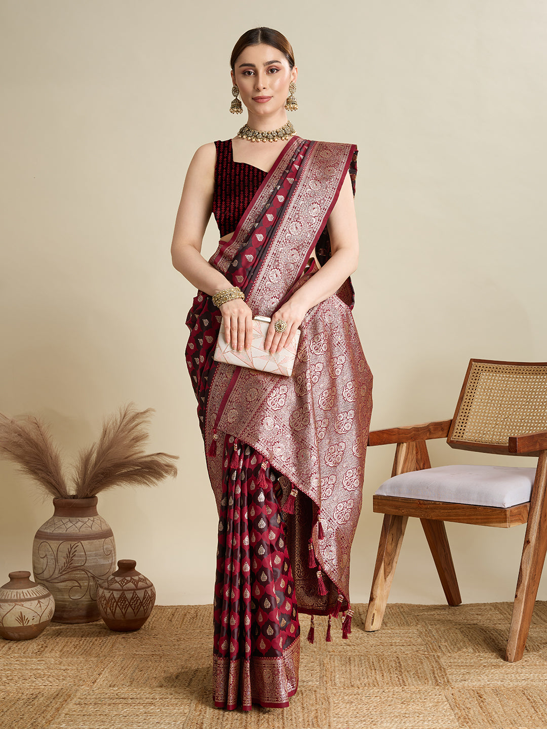 Soft Satin Silk Maroon Saree with Rich Zari Motifs, Contrast Border & Elegant Blouse