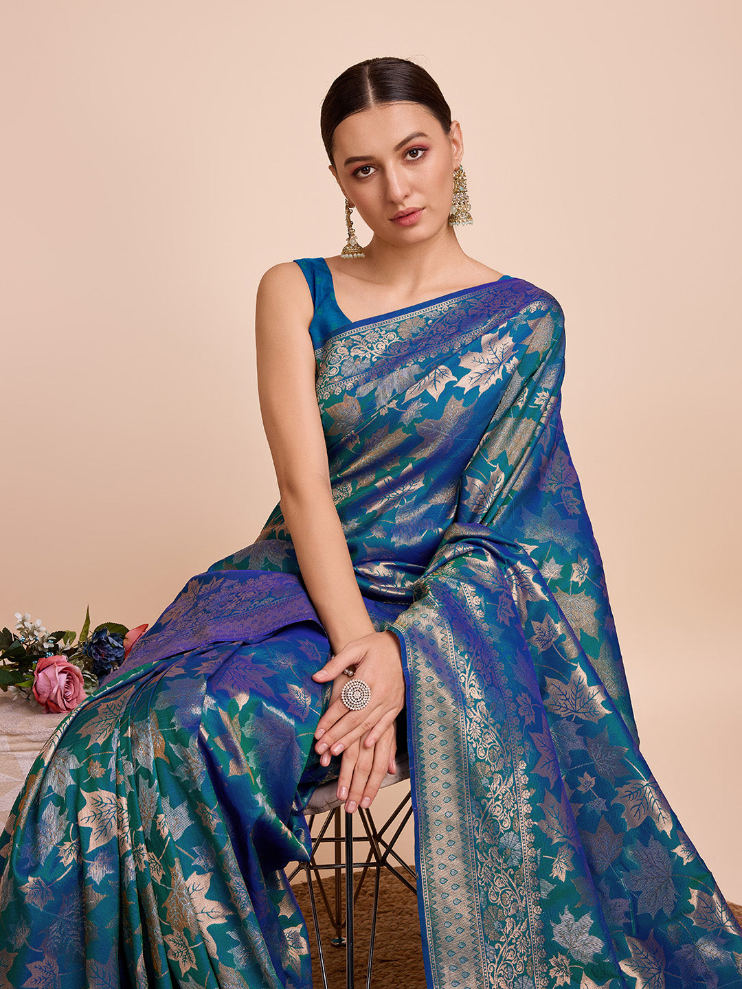 Blue Pure Silk Saree – Double Zari Weaving with Soft Zari Border & Gold/Copper Contrast