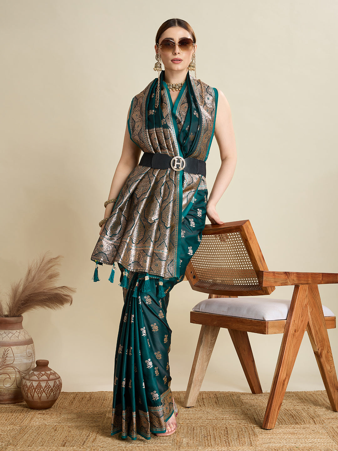 Soft Satin Silk Rama Green Saree with Rich Zari Motifs, Contrast Border & Elegant Blouse
