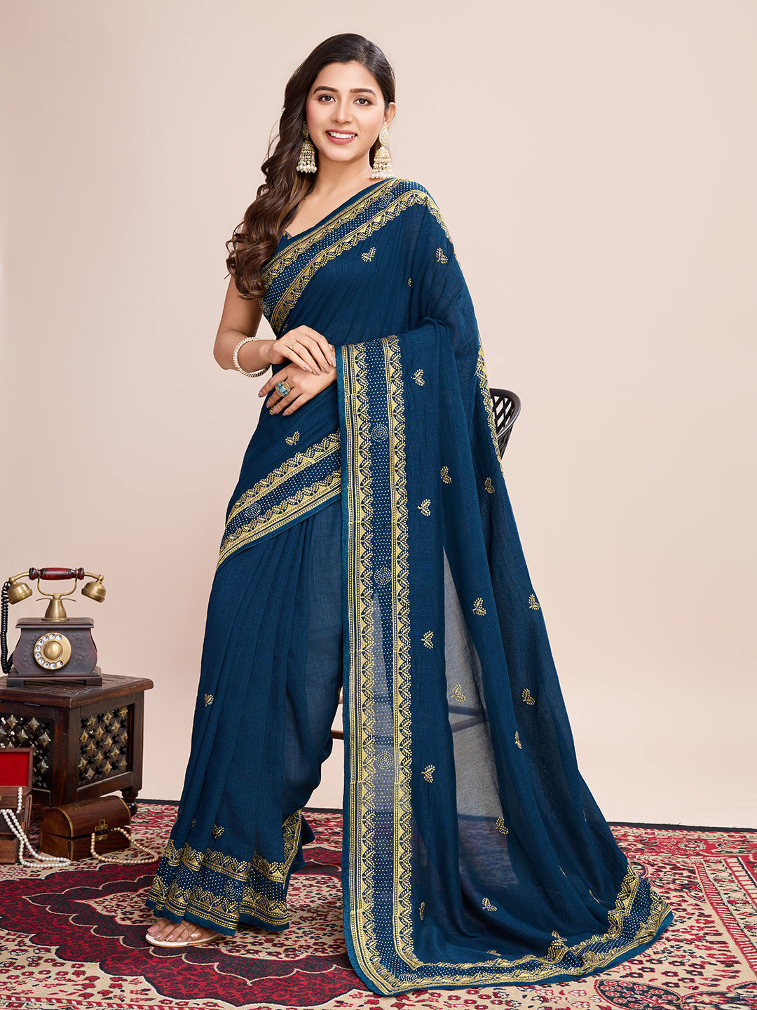 Soft Vichitra Silk Navy Blue  Saree with Intricate Multicolor Floral Work & Coordinated Embroidered