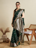 Soft Satin Silk Blue Saree with Rich Zari Motifs, Contrast Border & Elegant Blouse