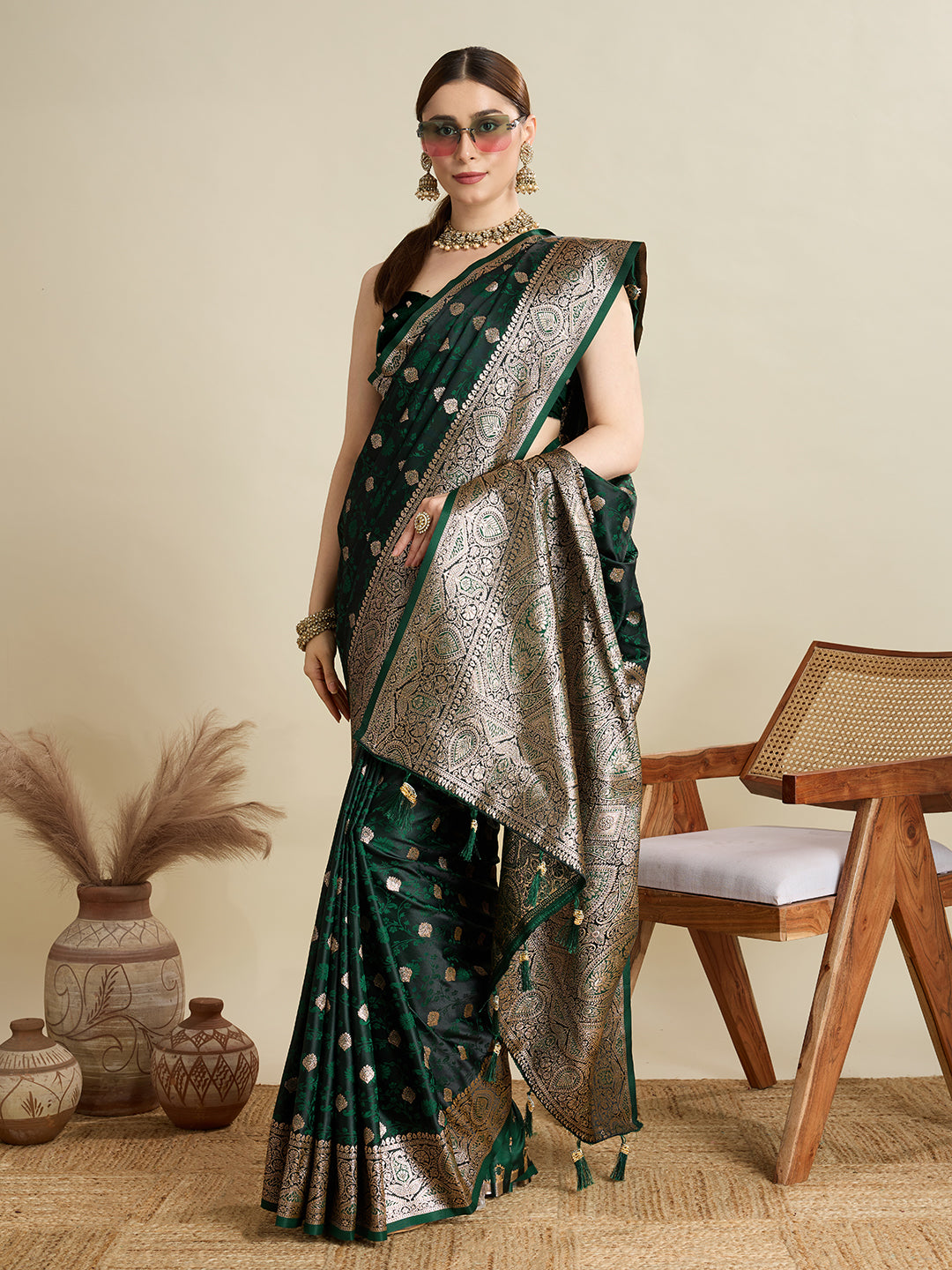 Soft Satin Silk Blue Saree with Rich Zari Motifs, Contrast Border & Elegant Blouse