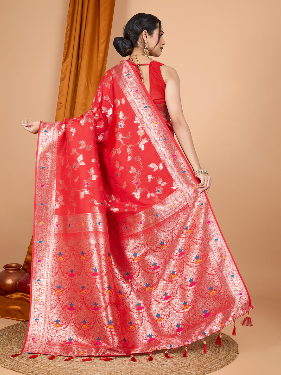 Red Soft Banarasi Silk Saree Featuring Meenakari Zari Weaving & Tassels on Pallu
