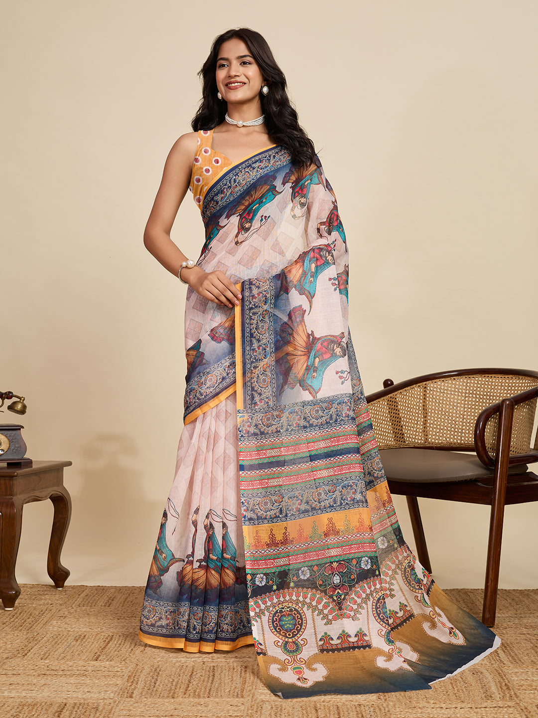 Women's Blue Linen Saree with Jari Border and Blouse – Printed All Over Design