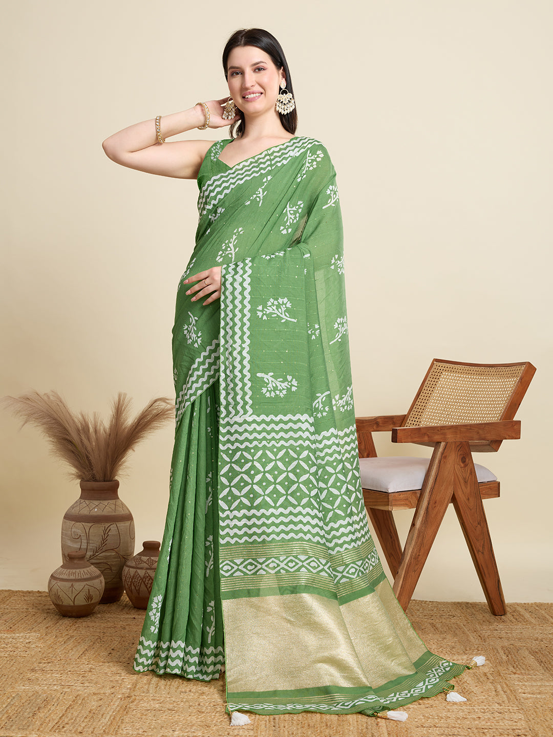 Green Semi-Cotton Sequin Saree – Elegant Choice for Intimate & Grand Weddings