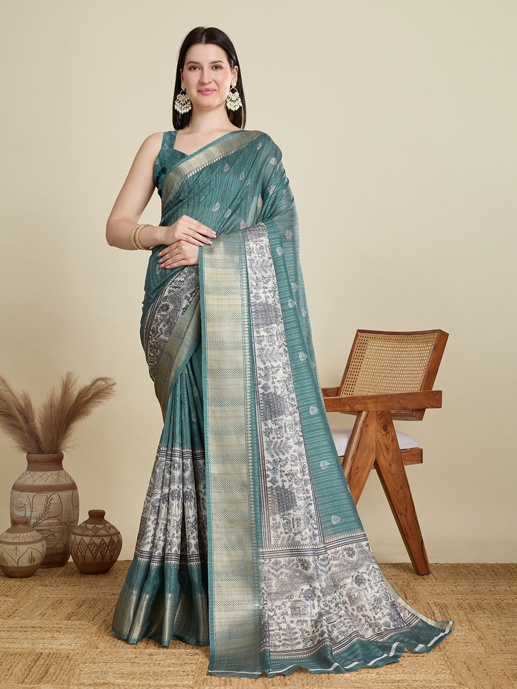 Soft, Breathable & Celebration-Ready: Semi Cotton Rama Green Sarees with Butti & Jacquard Elegance