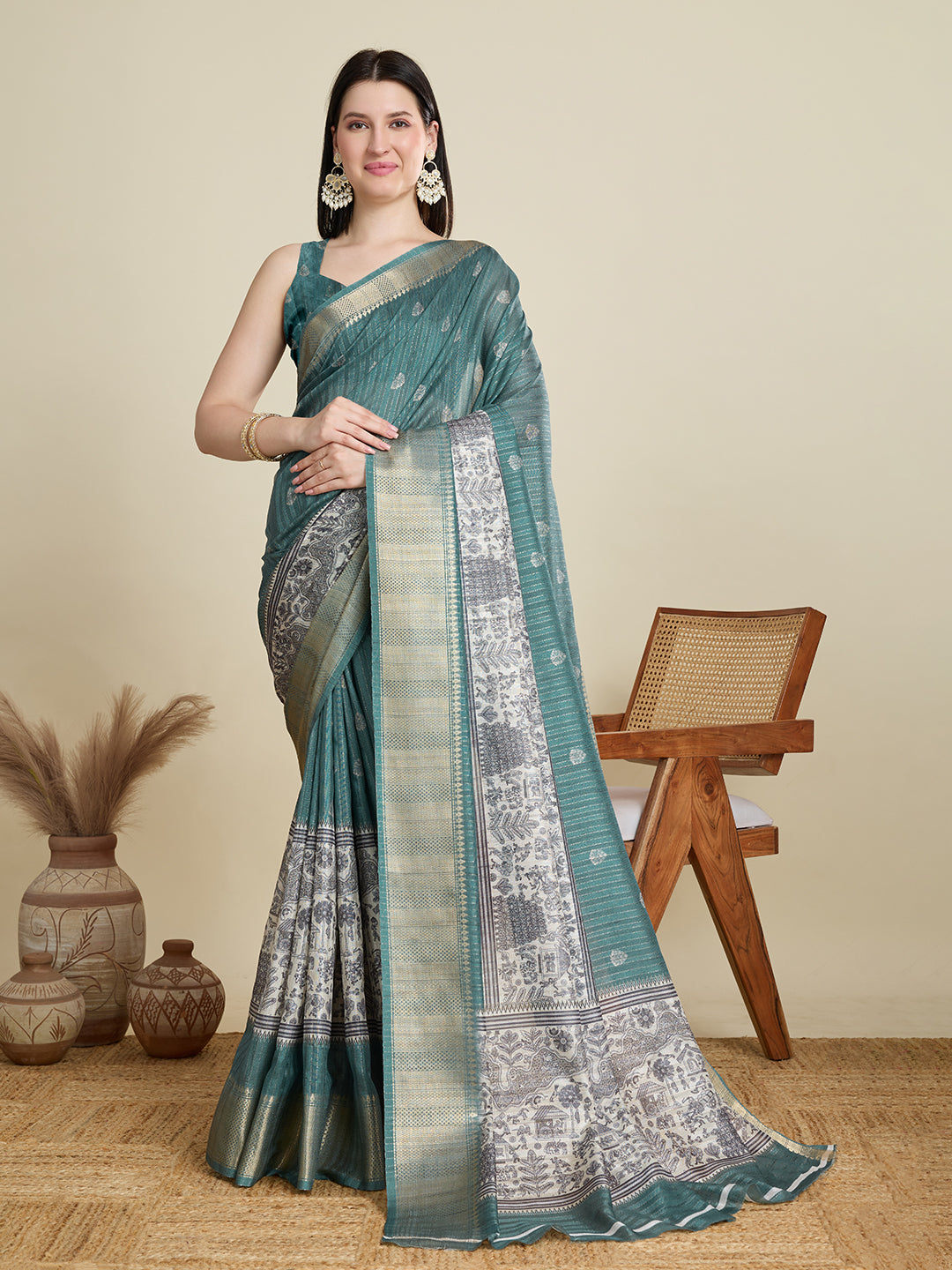 Soft, Breathable & Celebration-Ready: Semi Cotton Rama Green Sarees with Butti & Jacquard Elegance