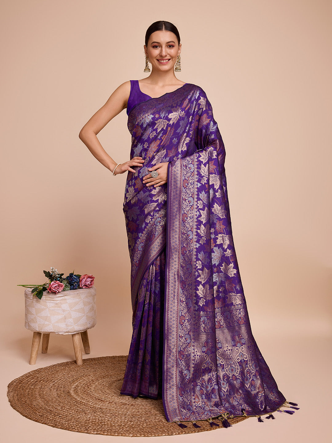 Purple Pure Silk Saree with Double Zari Weaving & Soft Zari Border