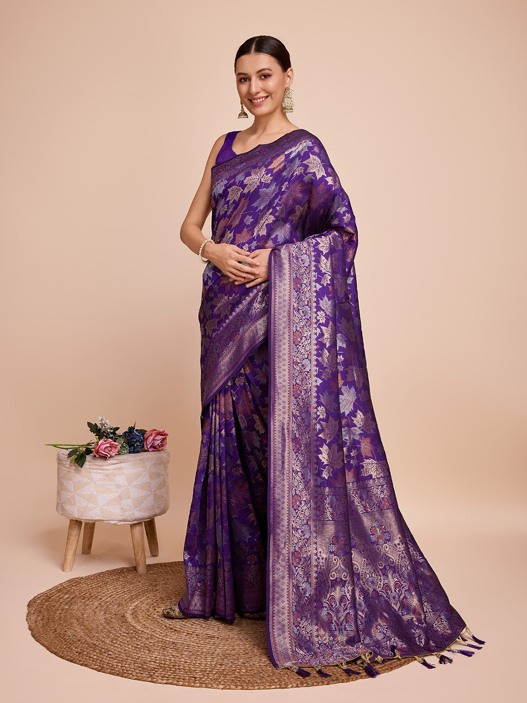 Purple Pure Silk Saree with Double Zari Weaving & Soft Zari Border