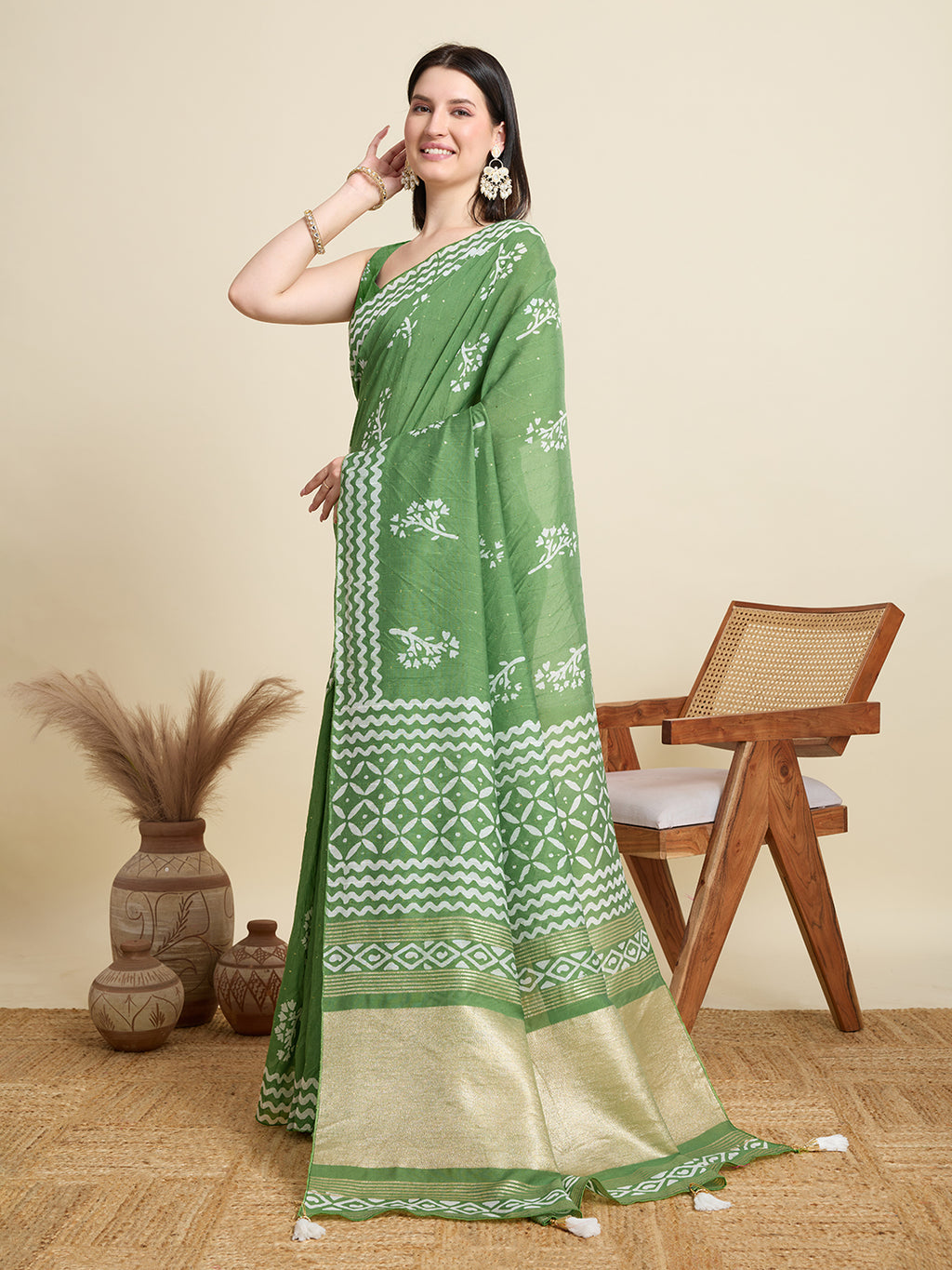 Green Semi-Cotton Sequin Saree – Elegant Choice for Intimate & Grand Weddings