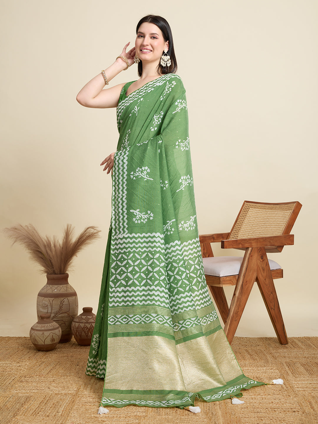 Green Semi-Cotton Sequin Saree – Elegant Choice for Intimate & Grand Weddings
