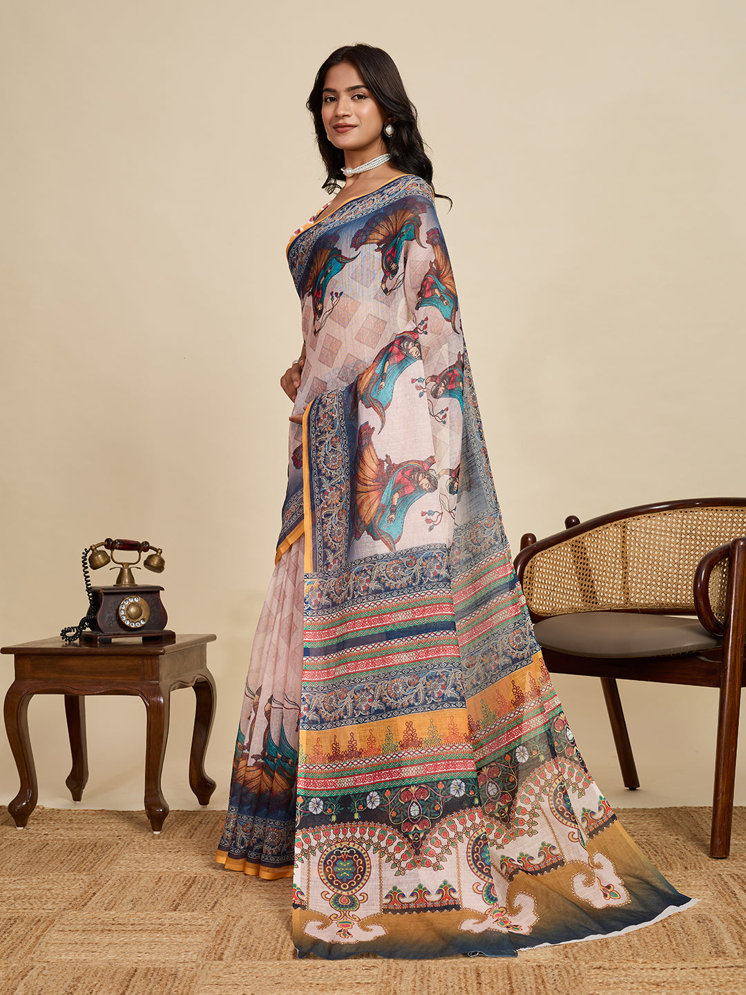 Women's Blue Linen Saree with Jari Border and Blouse – Printed All Over Design