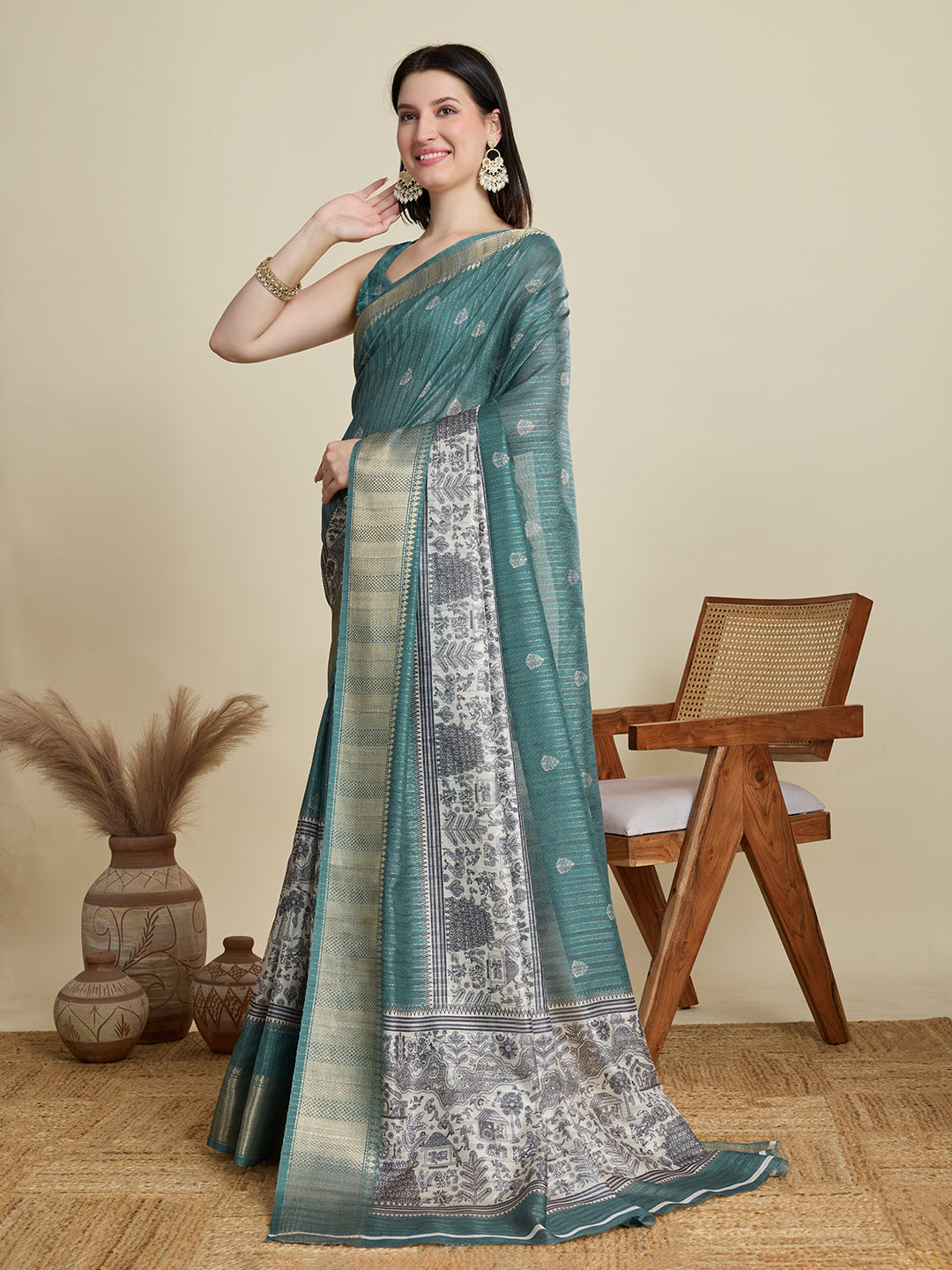 Soft, Breathable & Celebration-Ready: Semi Cotton Rama Green Sarees with Butti & Jacquard Elegance