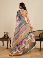 Women's Blue Linen Saree with Jari Border and Blouse – Printed All Over Design