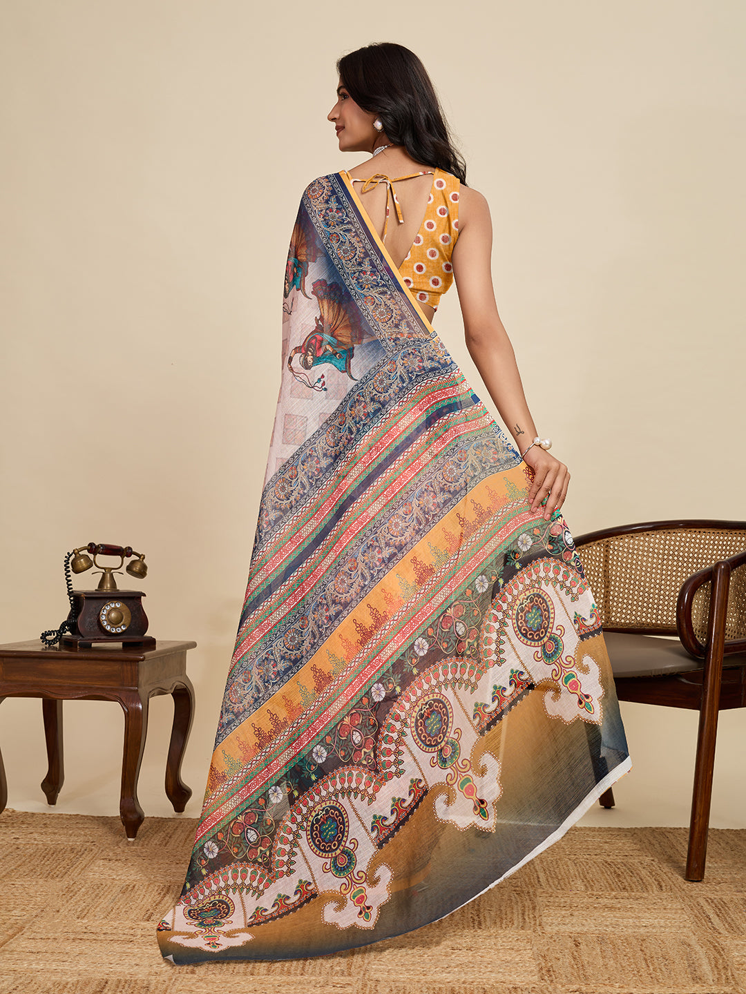 Women's Blue Linen Saree with Jari Border and Blouse – Printed All Over Design